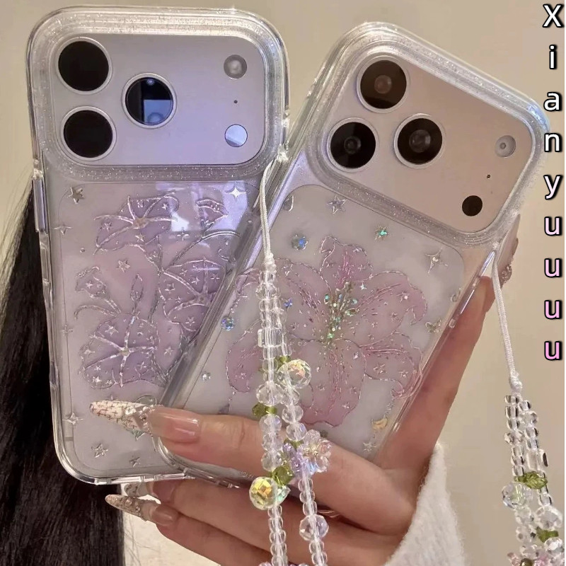 Glitter Clear Lily & Morning Glory กันชนนุ่ม Hard กลับดอกไม้น่ารักออกแบบกันกระแทกพร้อมโซ่สําหรับ IPhone17 16 15 14 13 Pro Max
