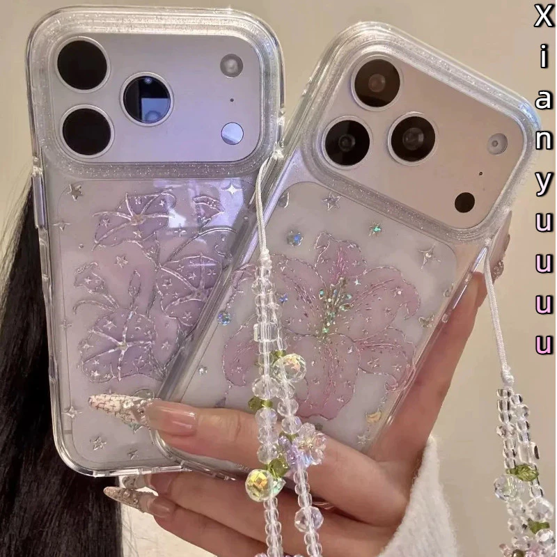 Glitter Clear Lily & Morning Glory กันชนนุ่ม Hard กลับดอกไม้น่ารักออกแบบกันกระแทกพร้อมโซ่สําหรับ IPhone17 16 15 14 13 Pro Max