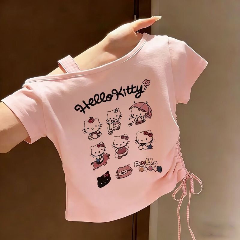 เสื้อยืดไหล่เฉียงลายสก๊อต สไตล์เกาหลี มีสายรัดเอว เหมาะสำหรับเด็กหญิง