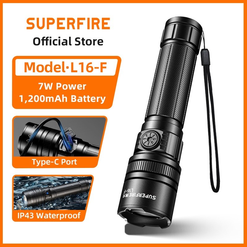 SUPERFIRE L16-F ไฟฉายมินิ LED 7W สว่างมาก 450LM กันน้ำ IP43 แบตเตอรี่ 1200mAh ไฟทำงานสำหรับกลางแจ้ง