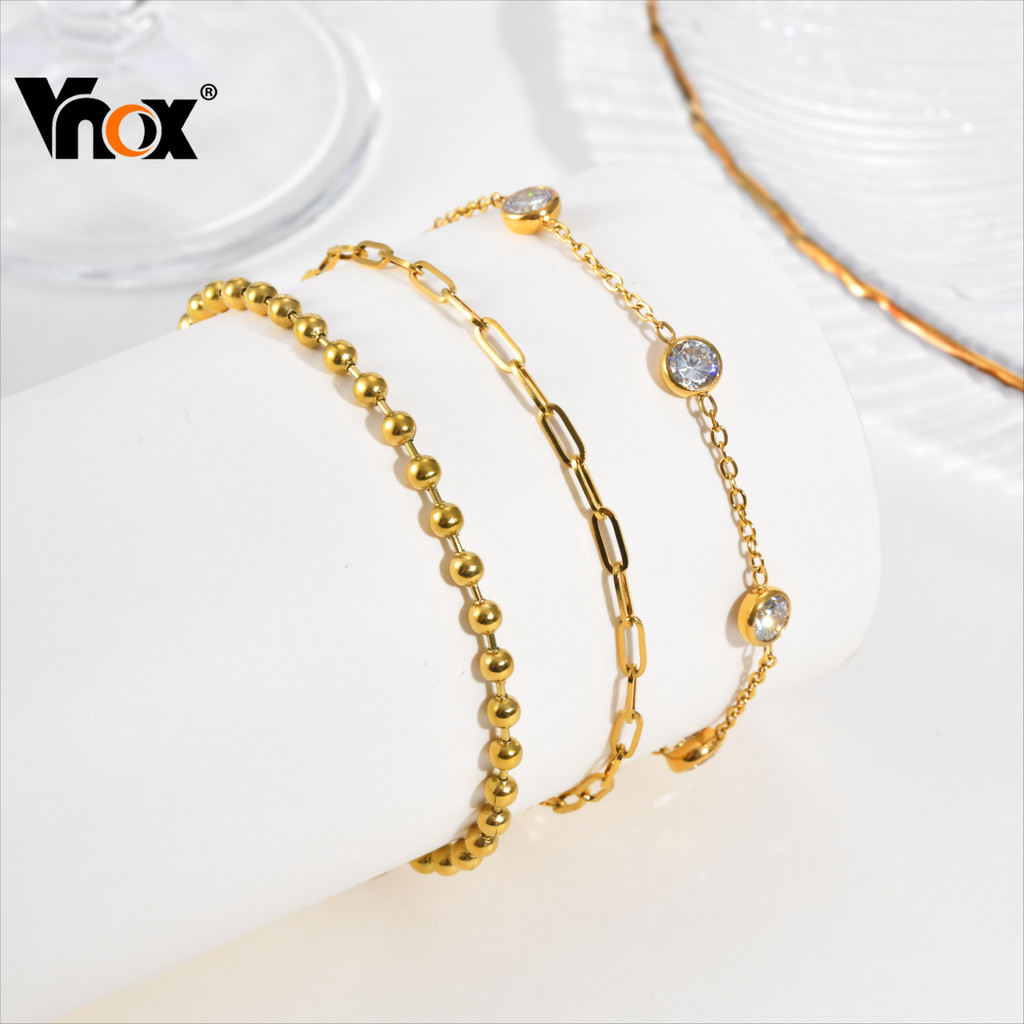 VNOX วีน็อกซ์ สร้อยข้อมือคลิปหนีบกระดาษลูกปัดเพทาย สำหรับผู้หญิง พร้อมสายโซ่สแตนเลส