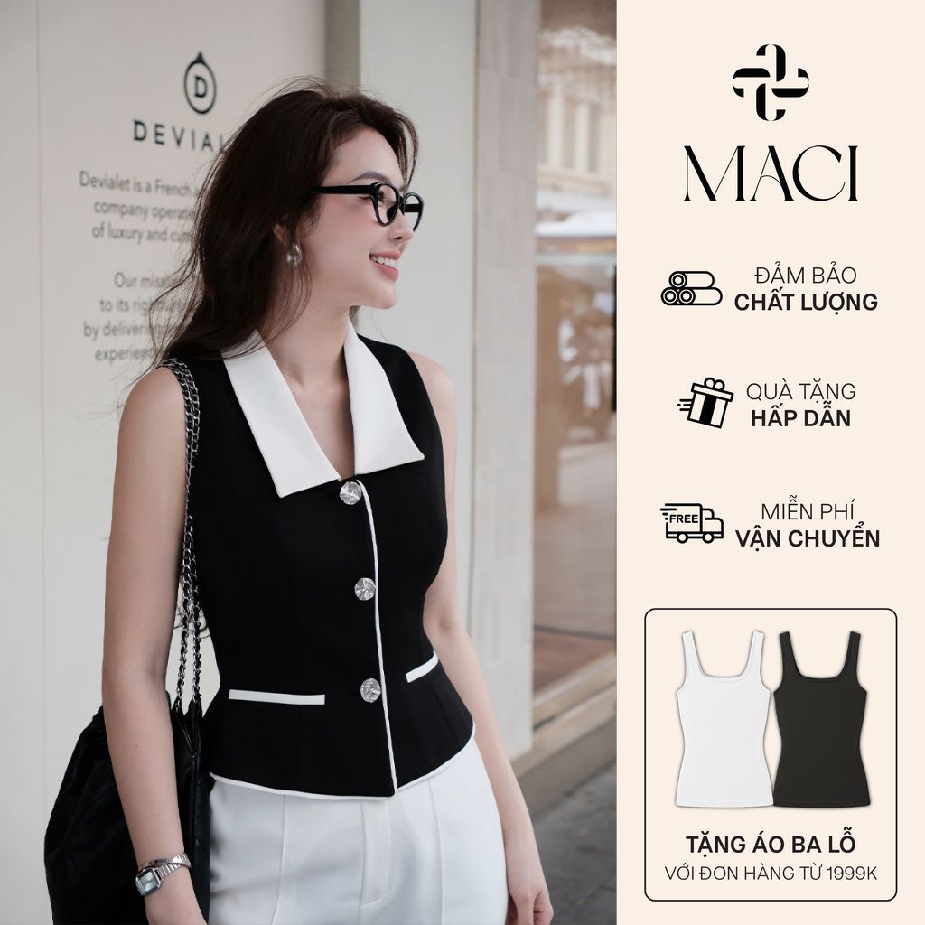 MACI MCAGLDE0282 ปลอกคอเปิดลงสีดําและสีขาวปุ่มสีเงิน Gilet ออกแบบพิเศษแฟชั่นสตรี