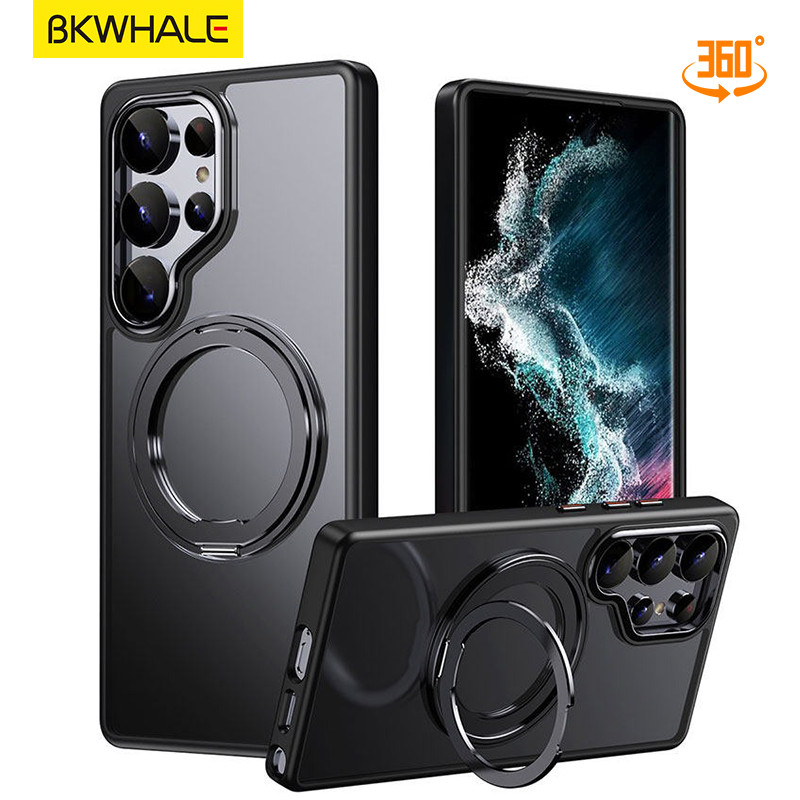 BKWHALE 360° แหวนหมุนได้เคสโทรศัพท์ใสแม่เหล็กพร้อมขาตั้งสําหรับ Samsung Galaxy S26 S24 Ultra S25 Ultra S23 + S24 + S23 Ultra S25+ S24+ S26+ ปลอกเคลือบโปร่งแสง