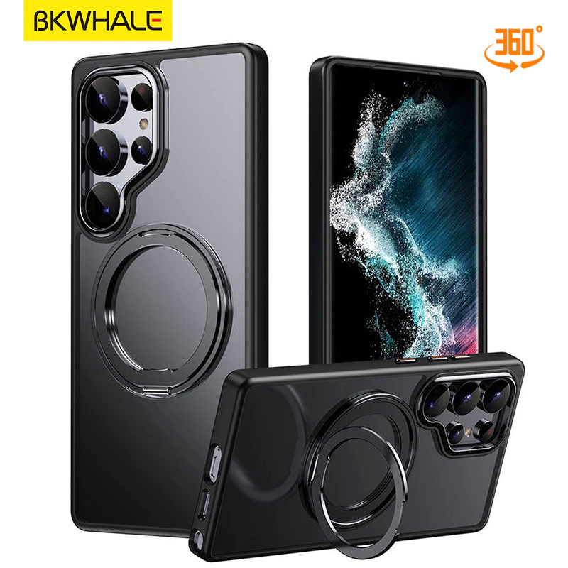 BKWHALE 360° แหวนหมุนได้เคสโทรศัพท์ใสแม่เหล็กพร้อมขาตั้งสําหรับ Samsung Galaxy S26 S24 Ultra S25 Ultra S23 + S24 + S23 Ultra S25+ S24+ S26+ ปลอกเคลือบโปร่งแสง