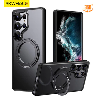 BKWHALE 360° แหวนหมุนได้เคสโทรศัพท์ใสแม่เหล็กพร้อมขาตั้งสําหรับ Samsung Galaxy S26 S24 Ultra S25 Ultra S23 + S24 + S23 Ultra S25+ S24+ S26+ ปลอกเคลือบโปร่งแสง