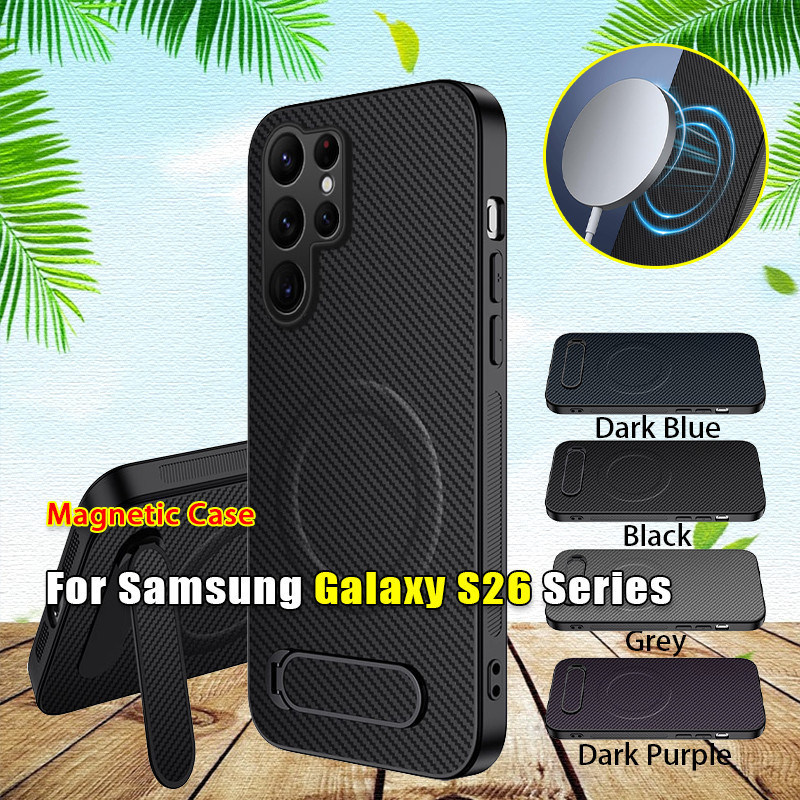 SAMSUNG วงเล็บปลอกสําหรับSamsung Galaxy S26 S25 S24 S23 Ultra Plus FE GalaxyS26 S 26 25 5Gคาร์บอนไฟเบอร์รูปแบบแม่เหล็กหนังโทรศัพท์กรณีกันกระแทกกล้องป้องกันกลับปกแข็งX