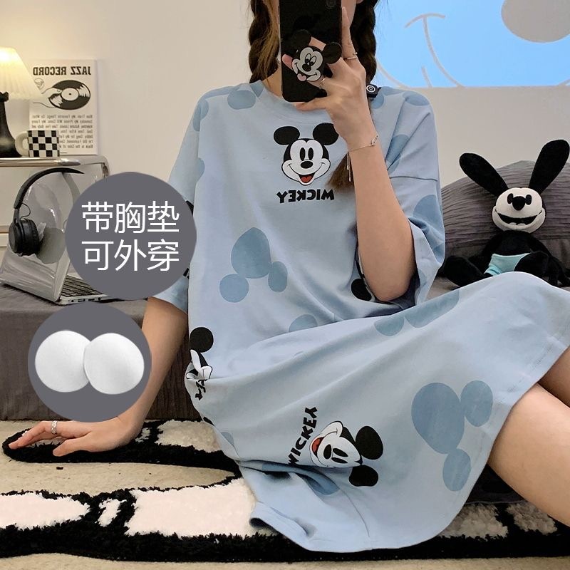 Mickey ชุดนอนชุดเบาะ M-4XL Plus ขนาดแขนสั้นชุดกลางคืนพร้อมแผ่นรองหน้าอก