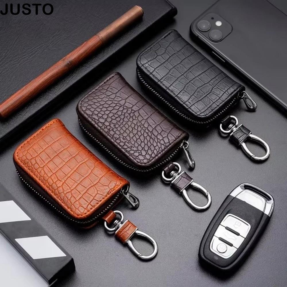 JUSTO ฝาครอบป้องกัน, กระเป๋ากุญแจรถ PU ธุรกิจ, พิมพ์จระเข้น้ําหนักเบาสากลพร้อมกระเป๋าเก็บกุญแจรถซิป Keybag พวงกุญแจ