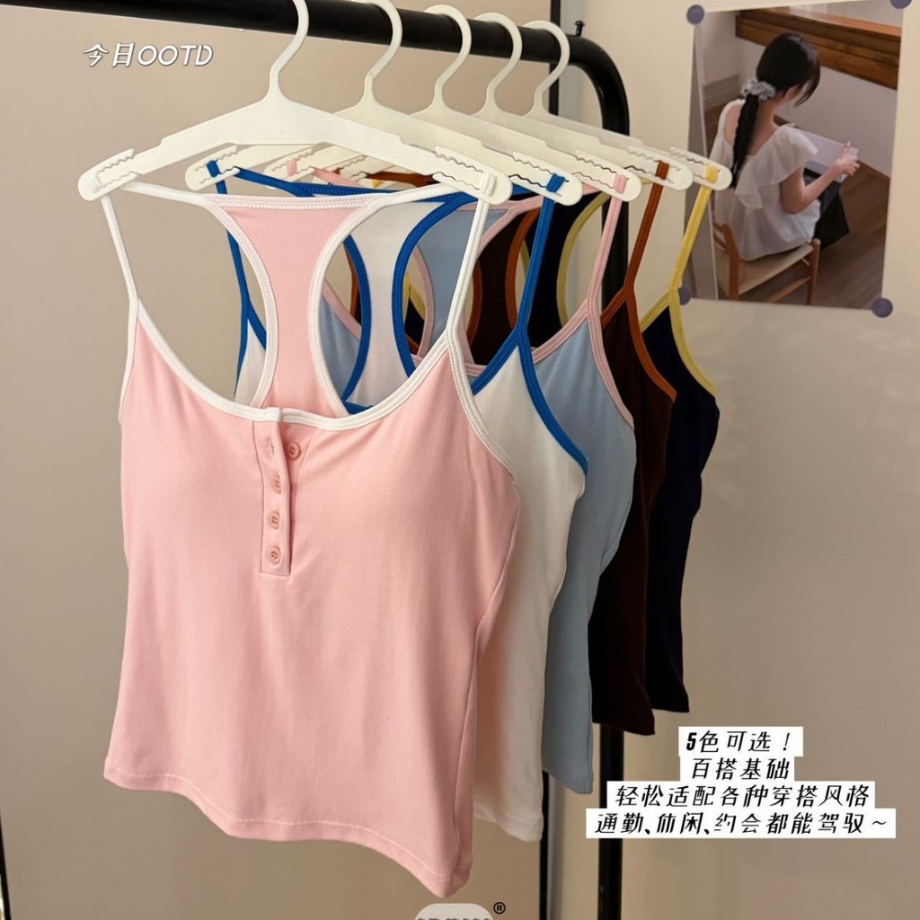 【WJZ】เวอร์ชั่นเกาหลีผู้หญิงผ้าฝ้ายแท้สายคล้องไหล่บางเสื้อกั๊กรูปตัว ฉัน (มีแผ่นรองหน้าอก)【LV29】