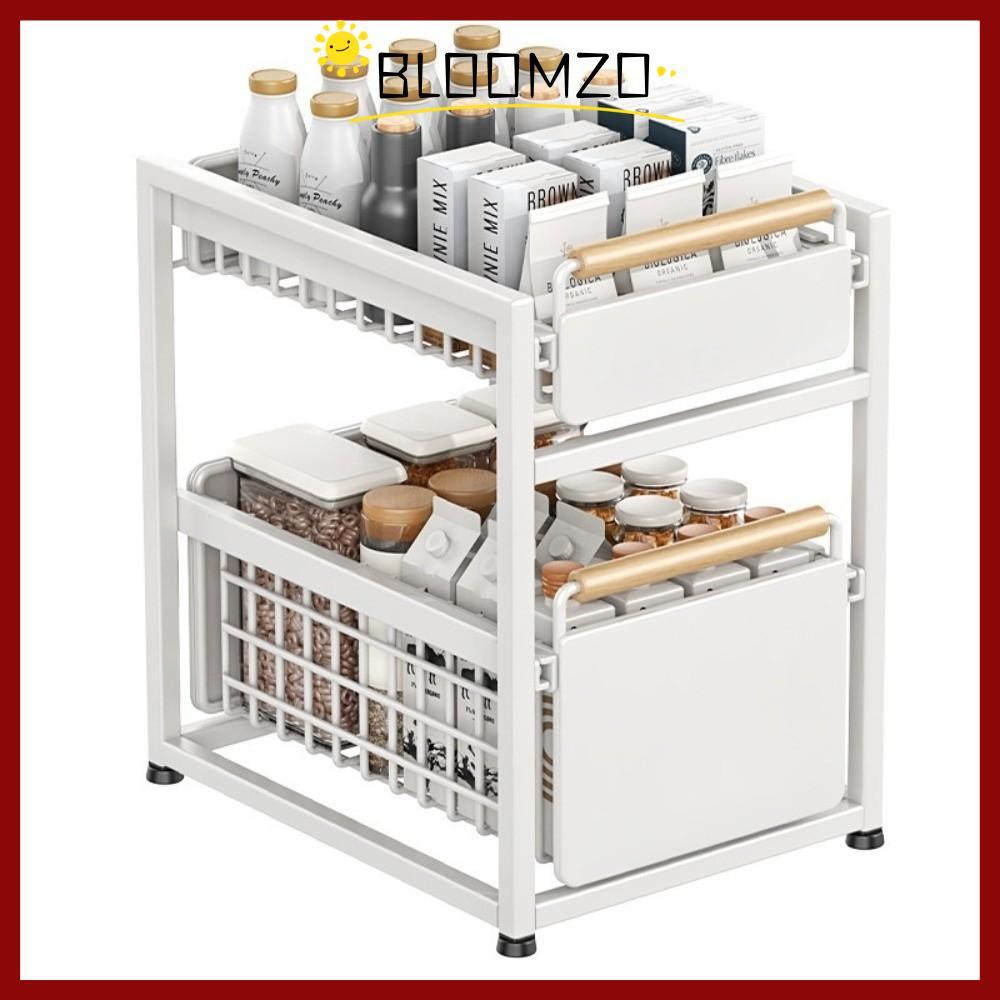 in stockBLOOMZO ภายใต้อ่างล้างจาน Rack Organizer, พร้อมที่จับไม้ลิ้นชักเลื่อนตะกร้า, อเนกประสงค์ดึงห้องครัวสองชั้นชั้นเก็บตู้อาบน้ํา