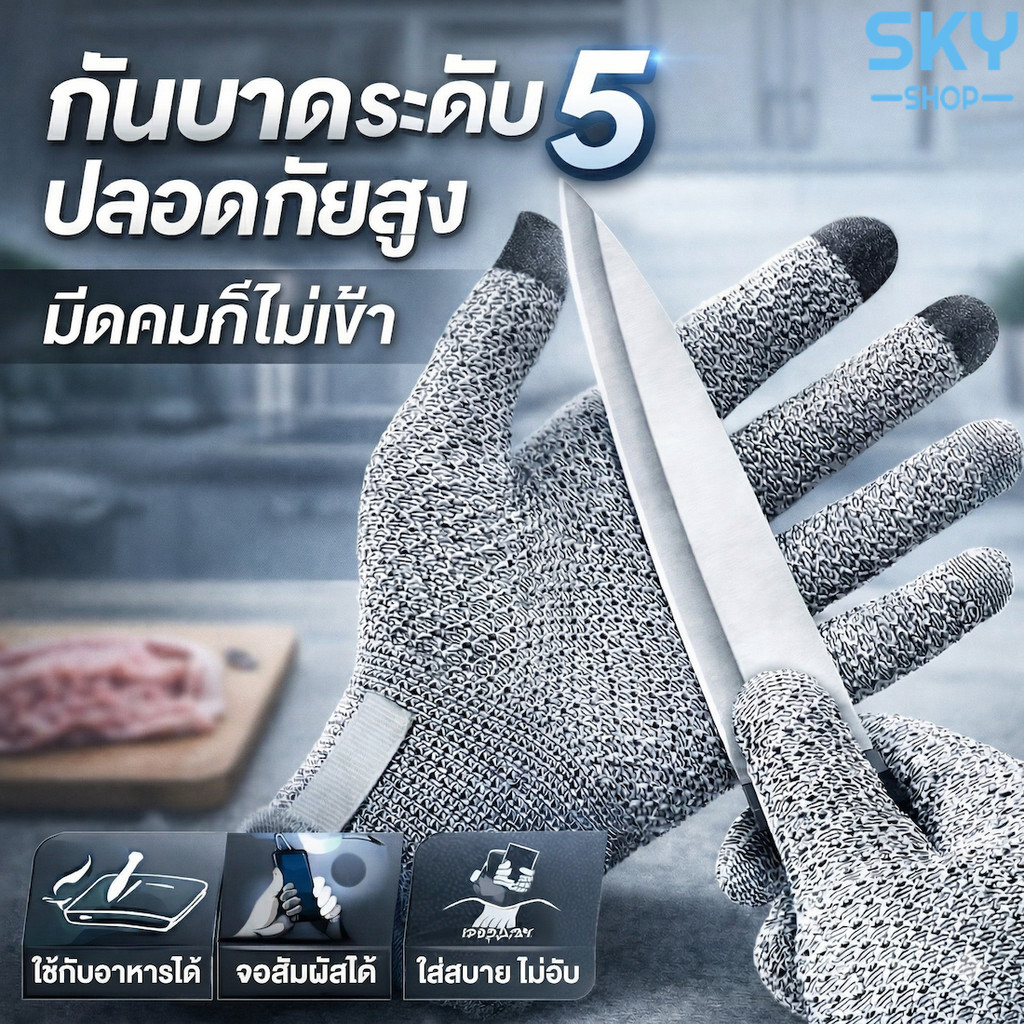 SKY ถุงมือกันบาด ระดับ 5 กันมีดบาด ใช้ทำครัว จับอาหารได้ จอสัมผัสได้ Cut Resistant Gloves