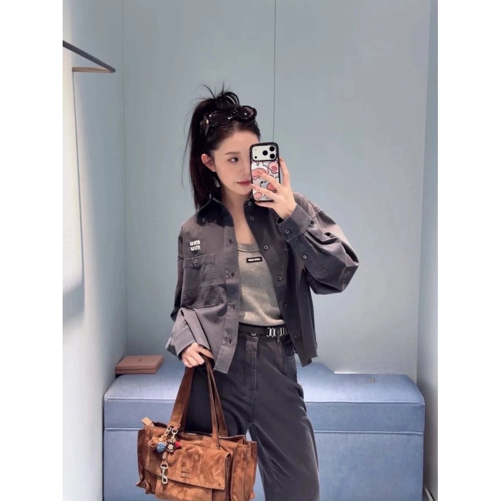 [Mumu.St] Miumi * Pocket Embroidered Denim Shirt with Soft Fabric