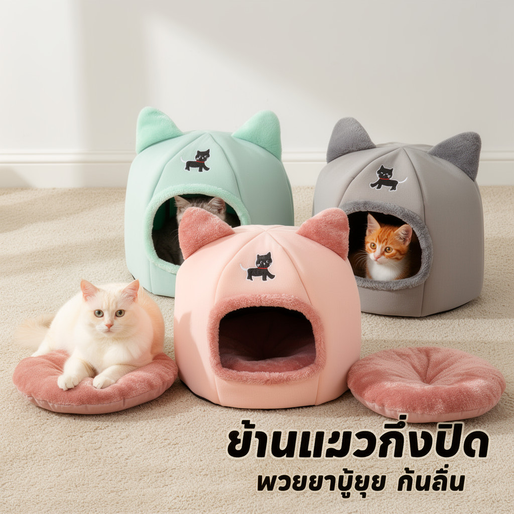 บ้านแมว ที่นอนแมว รังแมว กึ่งปิด กันลม กันชื้น ถอดซักได้ ผ้านุ่ม ระบายอากาศ สำหรับแมว
