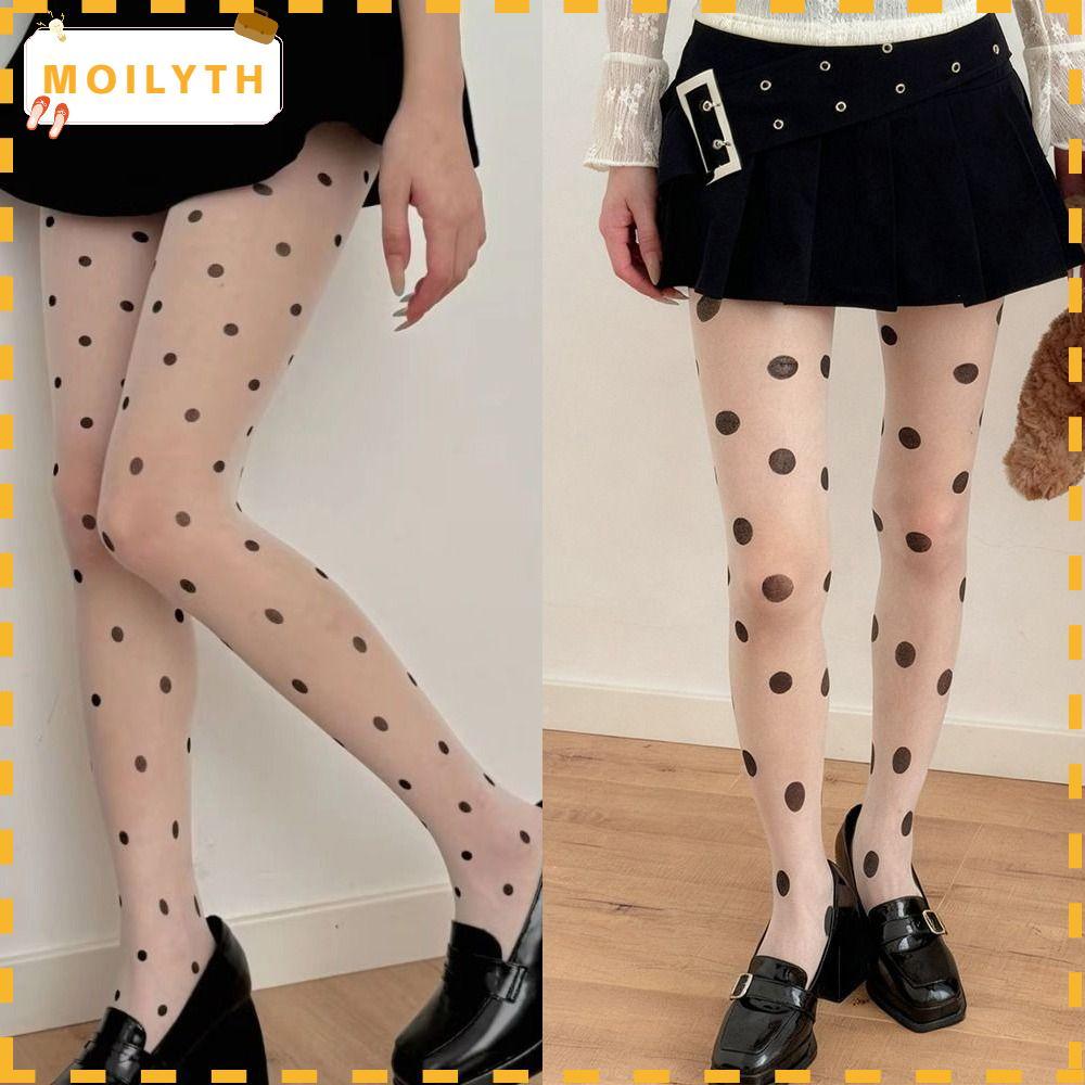 ถุงน่องเอวสูงผ้าไหมลายจุด polka dot สำหรับผู้หญิง ยืดหยุ่นบางใส่สบาย