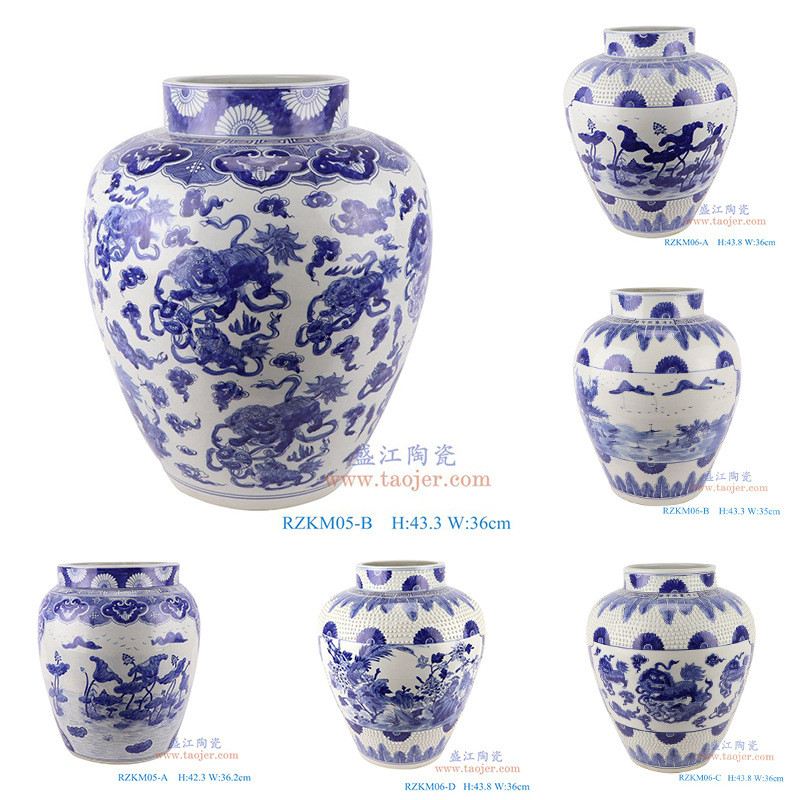 Jingdezhen เซรามิคสีฟ้าสีขาวภูมิทัศน์โบราณ Lotus ดอกไม้นก Lion รูปแบบเซรามิค Jar บ้านแจกันตกแต่ง HX4