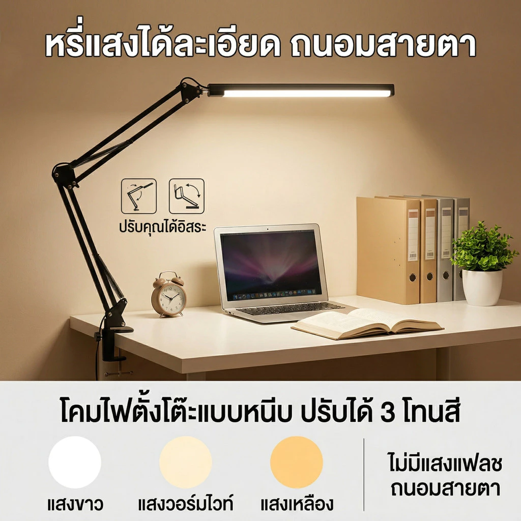 โคมไฟLEDโคมไฟตั้งโต๊ะ โคมไฟอ่านหนังสือ โคมไฟตั้งโต๊ะ สวิงอาร์ม ตั้งโต๊ะ โคมไฟหนีบโต๊ะ โคมไฟหัวเตียง ปรับมุมได้ clip lamp