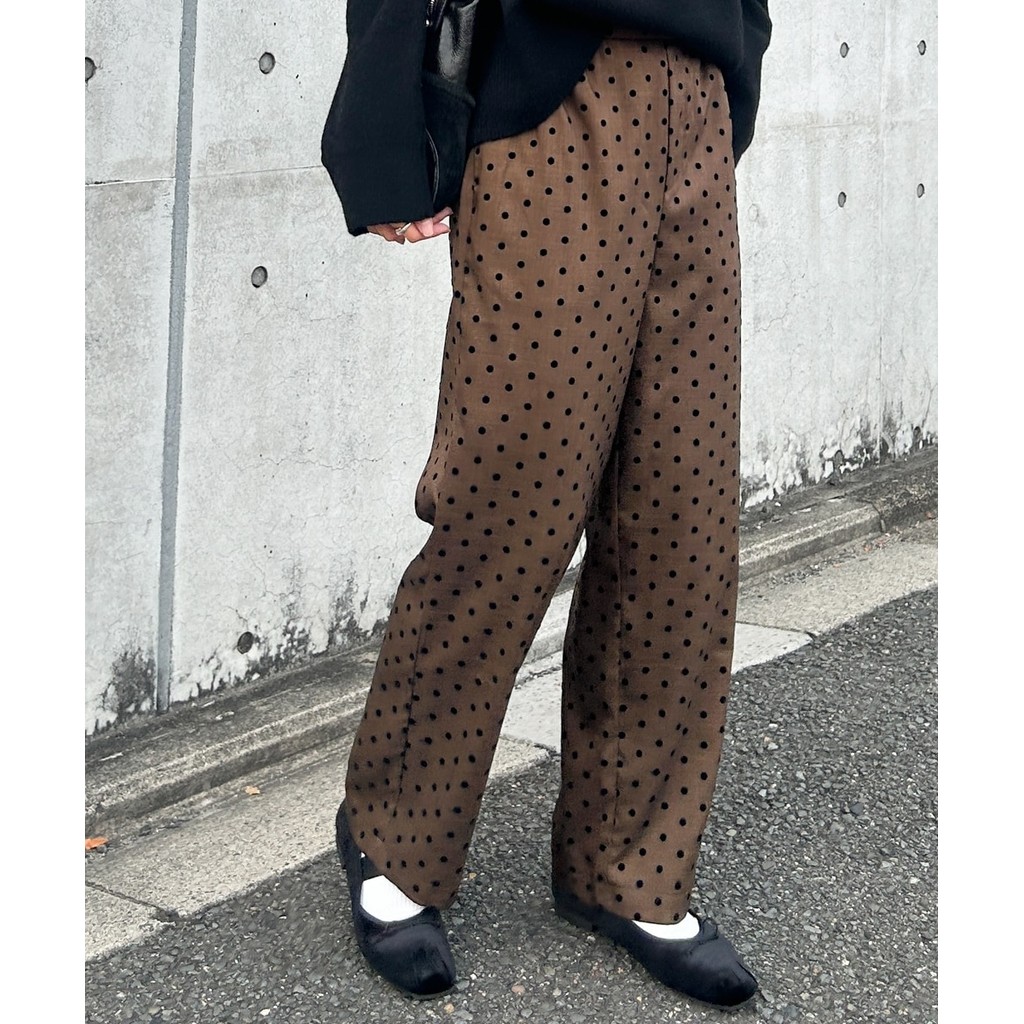 Direct from Japan Nissen_ กางเกงขายาวลายจุดฟล็อคทรงตรง ใส่สบาย เอวยืดหยุ่น แฟชั่นผู้หญิง Nissen
