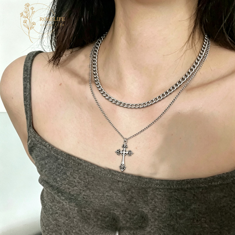 จี้สองชั้น.Cross.Retro สลiver link chain สำหรับสร้อยคอมินีชอคเกอร์ แฟชั่นสำหรับผู้หญิง