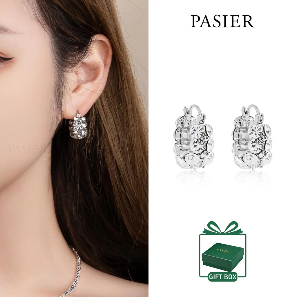 PASIER ต่างหูประดับเซอร์โคเนียเต็มชิ้น ดีไซน์หรูแวววาว สไตล์มินิมอลระดับพรีเมียม BD3543