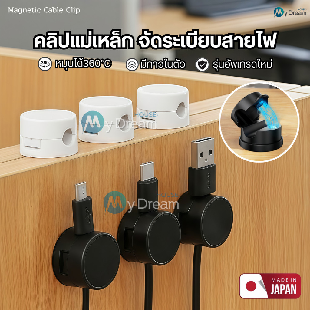 คลิปแม่เหล็กจัดระเบียบสายไฟ หมุนได้360° รุ่นกาวในตัว สายเคเบิล เก็บสายชาร์จ จัดเก็บสายไฟ ที่ยึดปลั๊ก หูฟัง อุปกรณ์เสริม