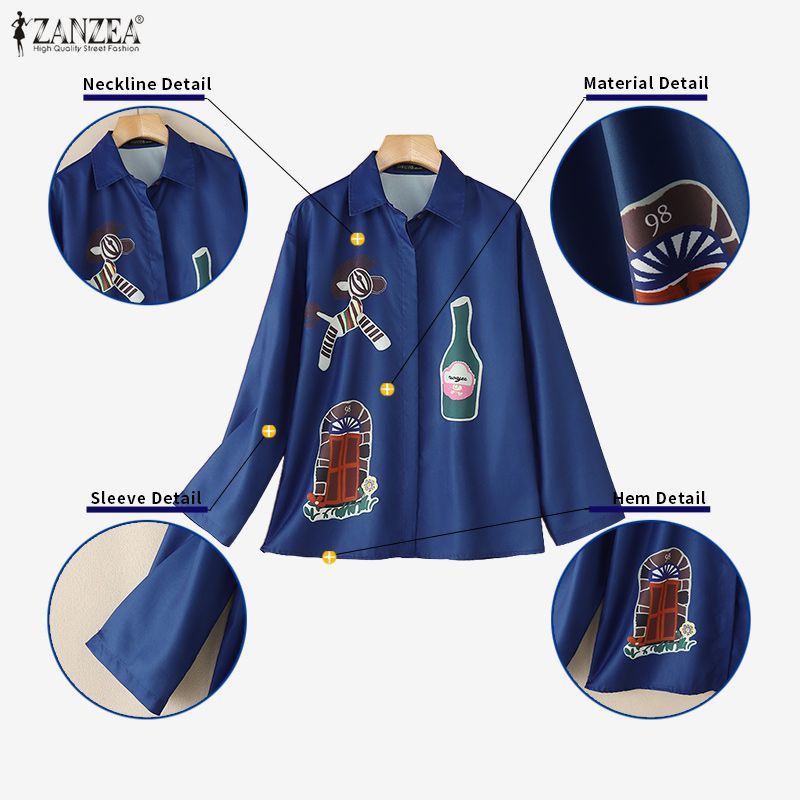 ZANZEA เสื้อแขนยาวสไตล์เกาหลีสำหรับผู้หญิง พิมพ์การ์ตูน ทรงoversize สไตล์ STREETWEAR — صورة 7