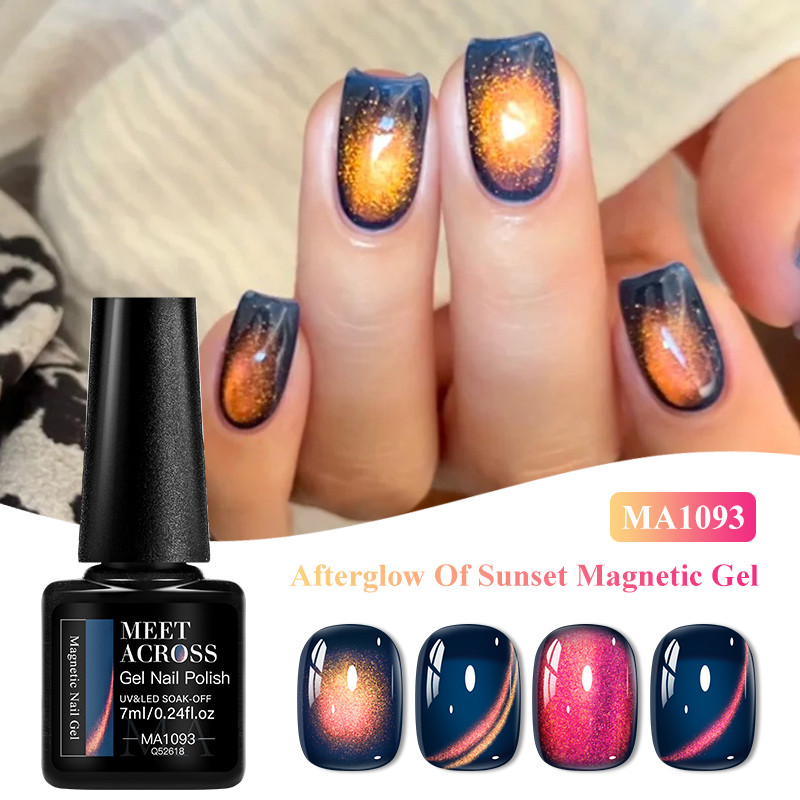 MEET ACROSS Afterglow Of Sunset Magnetic Cat Eye Gel ยาทาเล็บลูกปัดแก้วสีแดงคริสตัล Aurora เล็บเจลกึ่งถาวรเคลือบเงาเล็บ 7ml