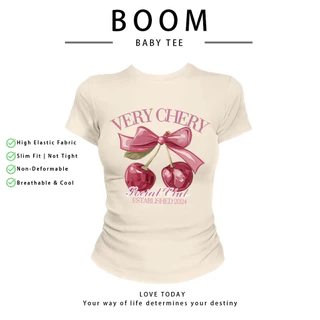 BOOM เสื้อครอปแขนสั้น ลายเชอร์รี่ สไตล์สาวหวาน ผ้ายืดคุณภาพ ใส่สบาย เสื้อยืดผู้หญิงวัยรุ่น แต่งตัวประจำวัน