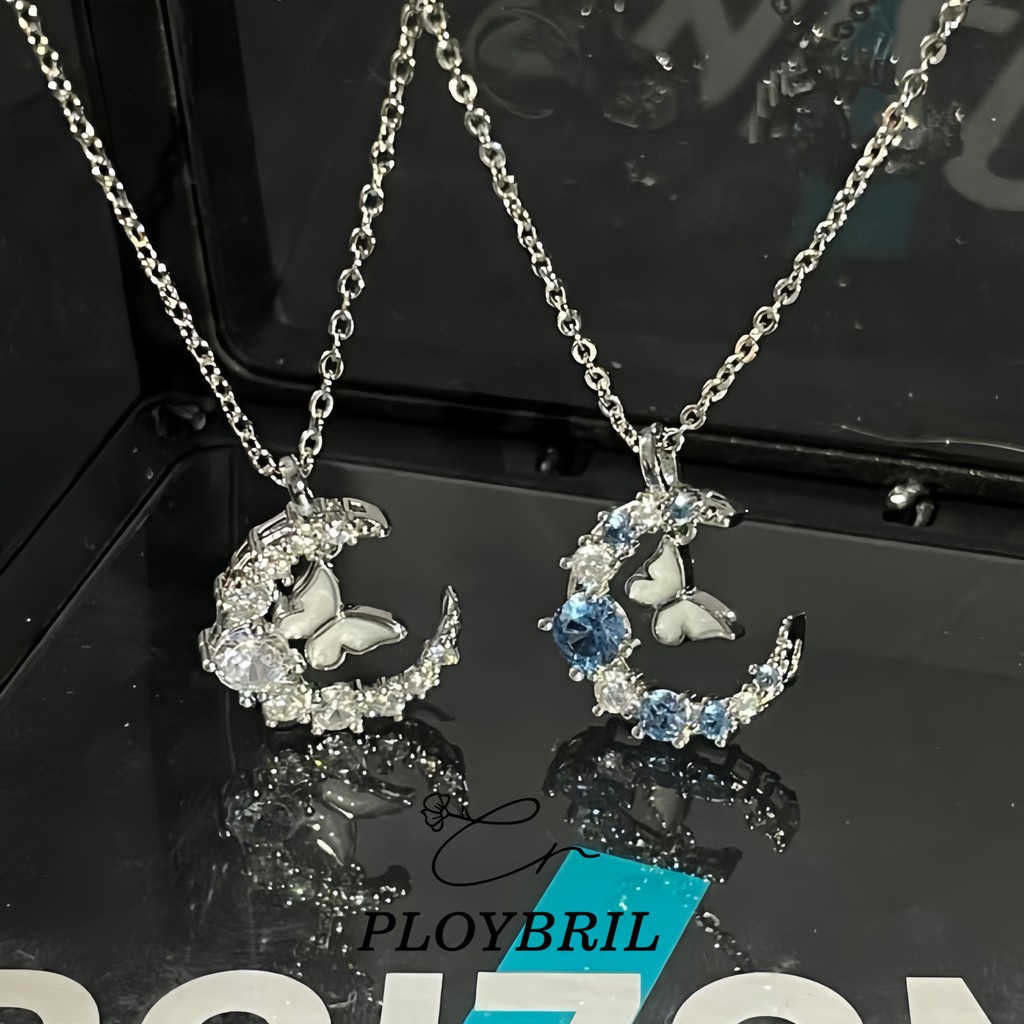 PLOYBRIL LUCKYROSE สร้อยคอคล้องคอ จี้พระจันทร์และผีเสื้อ ประดับเพชร สีเงิน สไตล์อินสตาแกรม X028