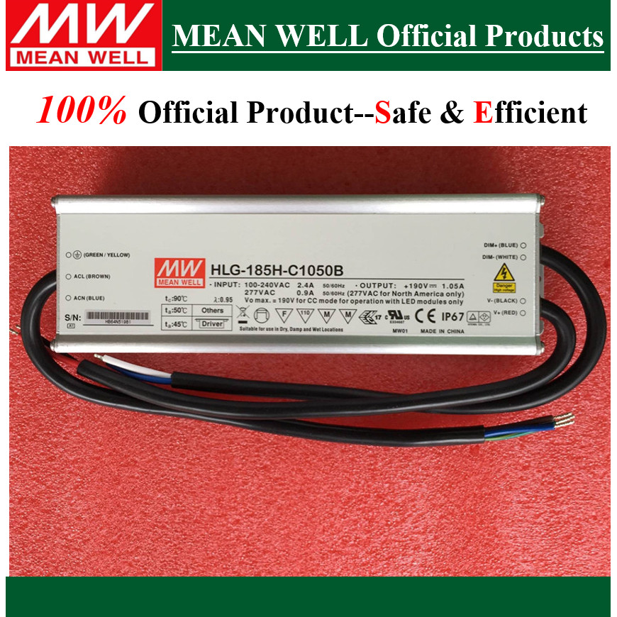 Original Mean Well 200W IP67 แหล่งจ่ายไฟกันน้ํา HLG-185H-C500B HLG-185H-C700B HLG-185H-C1050B HLG-18