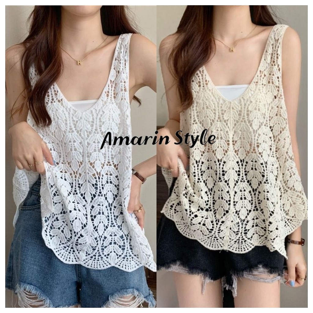 Amarin🌸พร้อมส่ง🌸เสื้อกล้ามไหมพรมลายใบไม้ ซีทรูบางเบา ใส่สบาย เท่เกิร์ลลี่ ไซส์พอดีตัว  19122