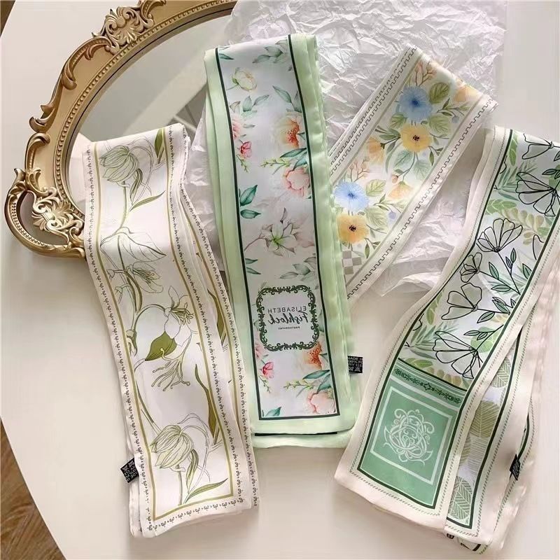 Hot Sale#Green Silk Scarf Long Strip2024New Fresh Style Silk Scarf Hairband for Women, Thin and Narr