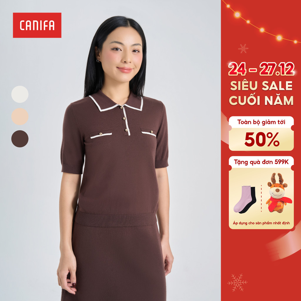 CANIFA เสื้อสเวตเตอร์ผู้หญิงคอโปโล คละสี ทรงเข้ารูป 6TE24W007