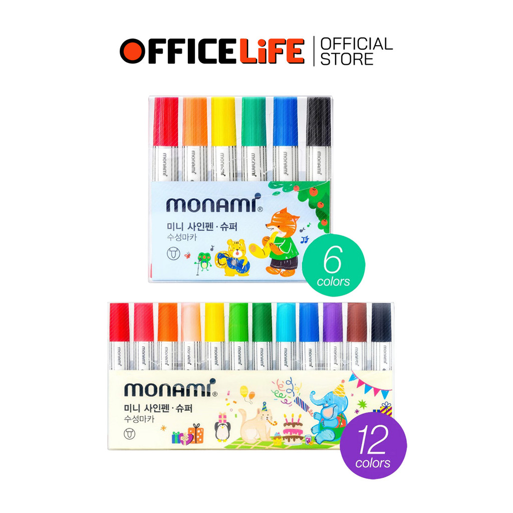 Monami (โมนามิ) ปากกาสีน้ำ ปากกาเมจิก รุ่น Mini Sign Pen super ด้ามเล็ก ชุด 6 สี / 12 สี ( 1 แพ็ค )