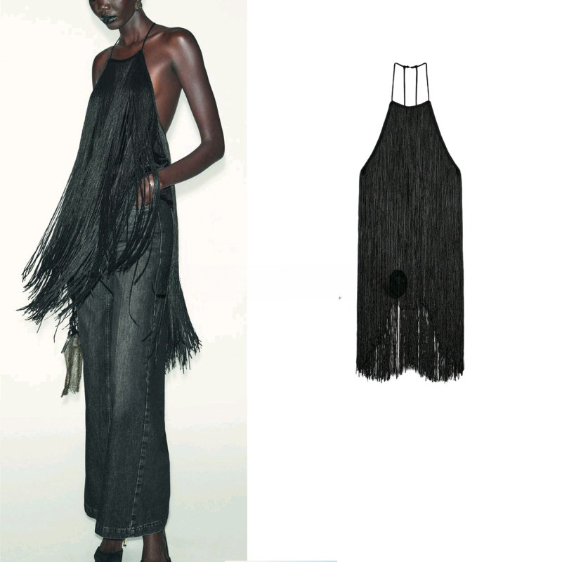 บลัสเซตดีไซน์มินิมาลิสท์ ไม่มีหลัง คอแฮลเตอร์เน็กครอปลายฟริงจากเวลโวett สำหรับผู้หญิง