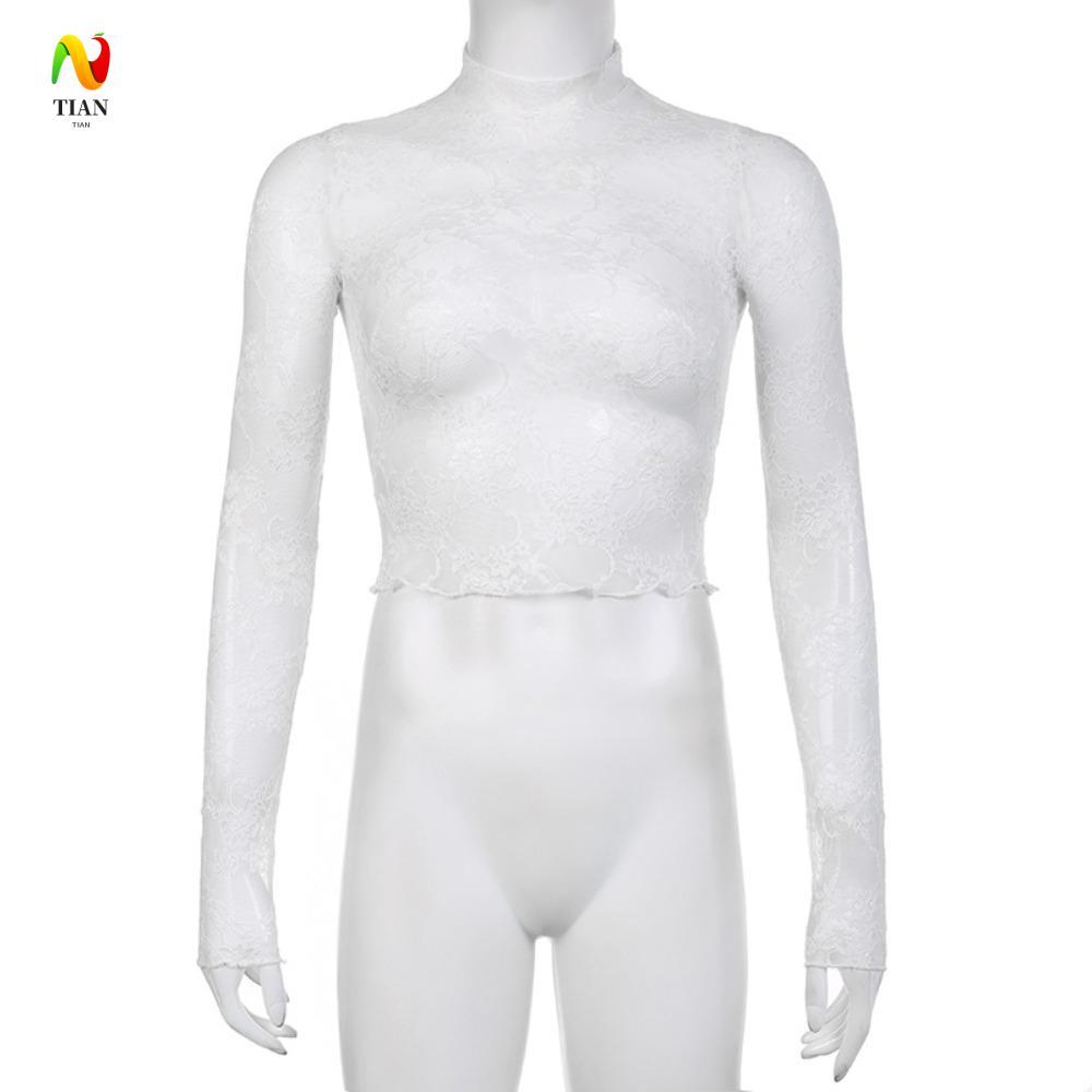 INQUIRY IMPACT เสื้อลูกไม้ด้านล่าง, เย็บปักถักร้อยดอกไม้แขนยาวตาข่ายด้านบน, แฟชั่นครึ่งคอปกสูงดูผ่าน