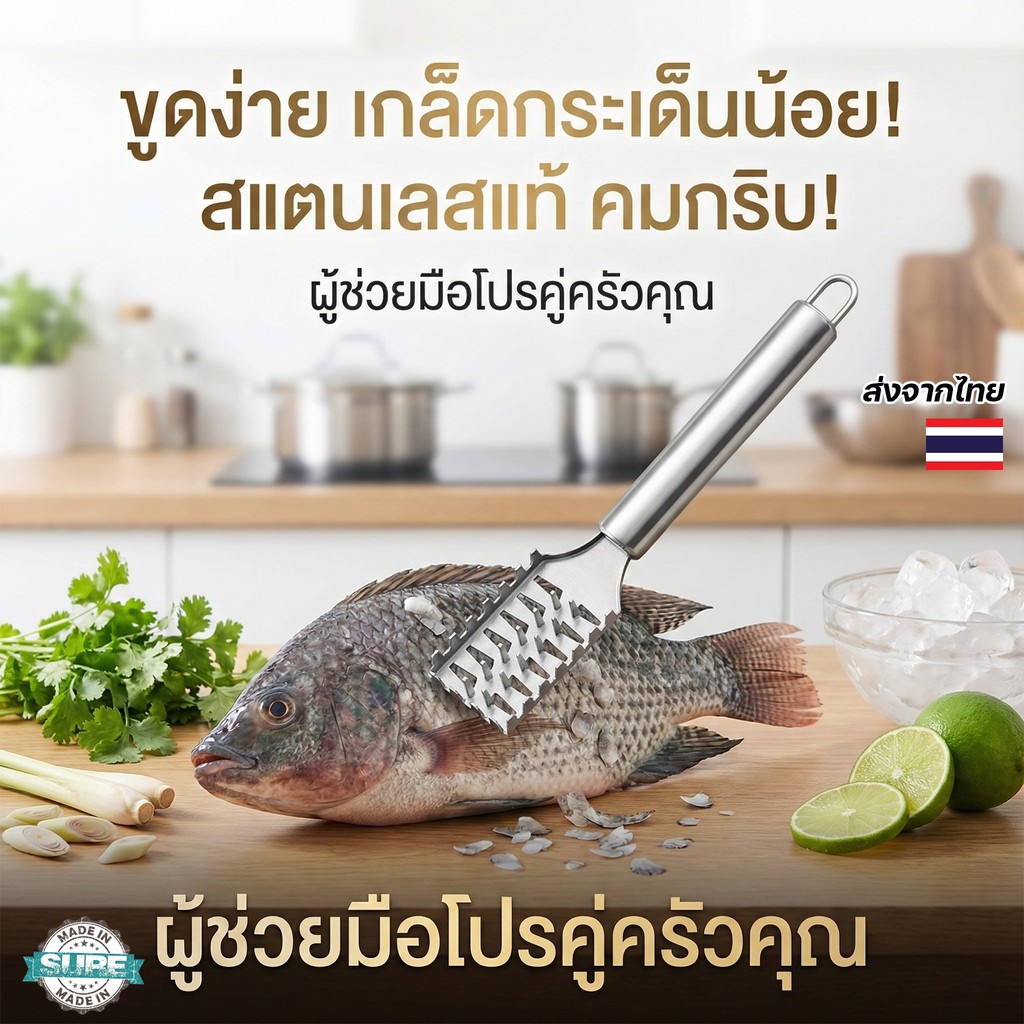 ที่ขูดเกล็ดปลาไม่เป็นสนิม สแตนเลสคุณภาพดี ขูดสะอาด ไม่เลอะมือ จับถนัด ใช้ง่าย