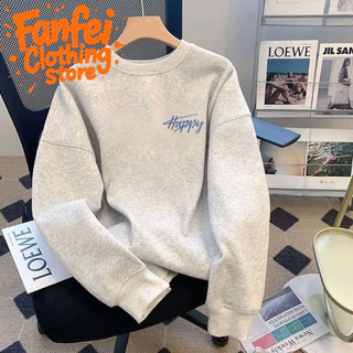 จัดส่งตลอด 24 ชั่วโมง Fanfei oversized t shirt เสื้อฮู้ดผู้ชายแขนยาว Happy สีดำ - ลายมือเขียนสีฟ้าแฟชั่น