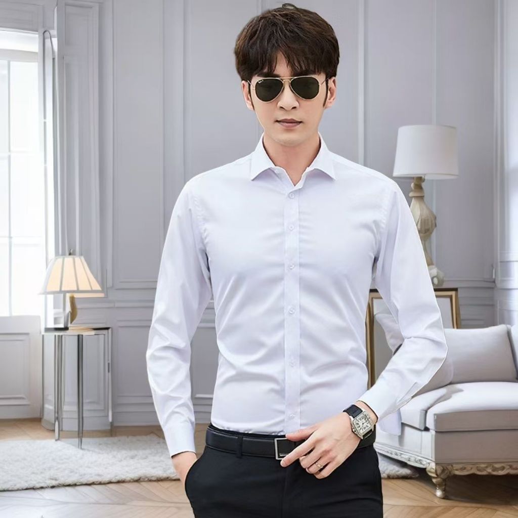 เสื้อเชิ้ตแขนยาวผู้ชายคลาสสิกสีขาวผู้ชายเกาหลีลําลองแฟชั่นธุรกิจเสื้อโปโลอย่างเป็นทางการ M-3XL，มีให้เลือก 6 สี