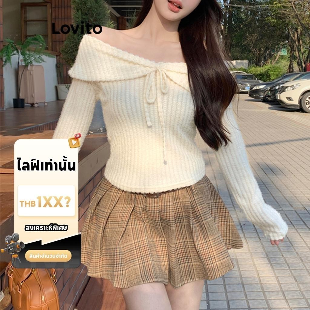 (LIVE STREAM SALE) Lovito เสื้อสเวตเตอร์ผู้หญิง แต่งโบว์ สีพื้น สไตล์ลำลอง L94AD053