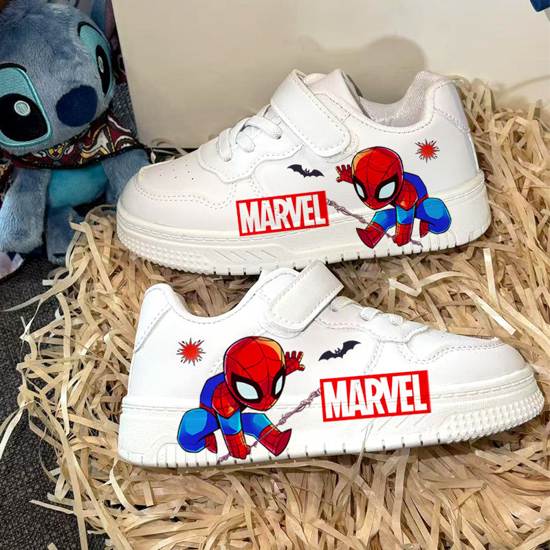 การ์ตูน Hero Marvel Spider-Man รองเท้าสีขาวยอดฮิตในฤดูใบไม้ผลิและฤดูร้อน แบบใหม่ Soft-Soled Velcro สำหรับน้องนักเรียน WJG