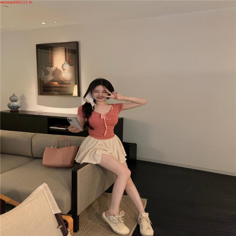 Crd ฤดูร้อน เนคไท ผูกเชือก เสื้อยืดผู้หญิง คอเหลี่ยม แขนสั้น ไม่สม่ําเสมอ บาง เสื้อครอป ZXH