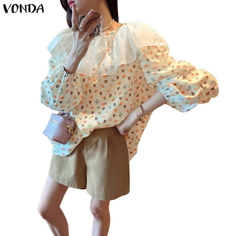 VONDA เสื้อผ้าสไตล์วันหยุดเกาหลี แขนพัฟ คอลาร์ขนาดใหญ่ ตัดเย็บตาข่าย พร้อมลายพิมพ์ดอกไม้
