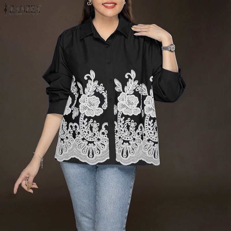 ZANZEA เสื้อแขนยาวพิมพ์ลายสีทึบ สไตล์เกาหลีสำหรับผู้หญิง สวมใส่ง่ายในวันสบายๆ — صورة 5