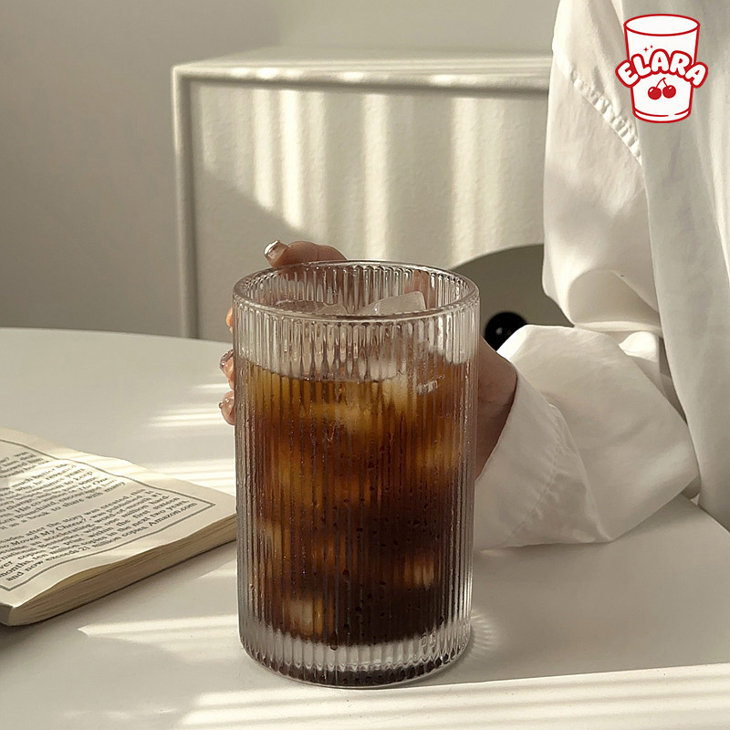 แก้วน้ำแก้วใส 500ml สไตล์วินเทจ ลายริ้ว/ลายดอก Minimal Glass Cup แก้วกาแฟ แก้วนม แก้วน้ำเย็น Cafe Style