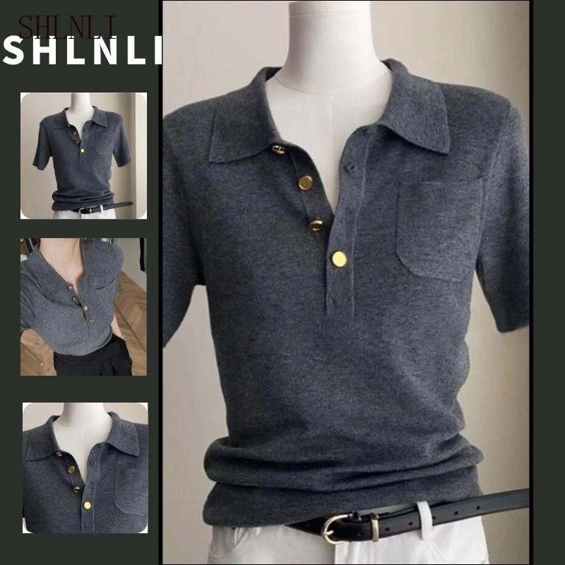 เสื้อโปโลลําลองแขนสั้นฝรั่งเศสของผู้หญิงฤดูใบไม้ผลิฤดูร้อนปุ่มสลิมฟิตด้านบน
