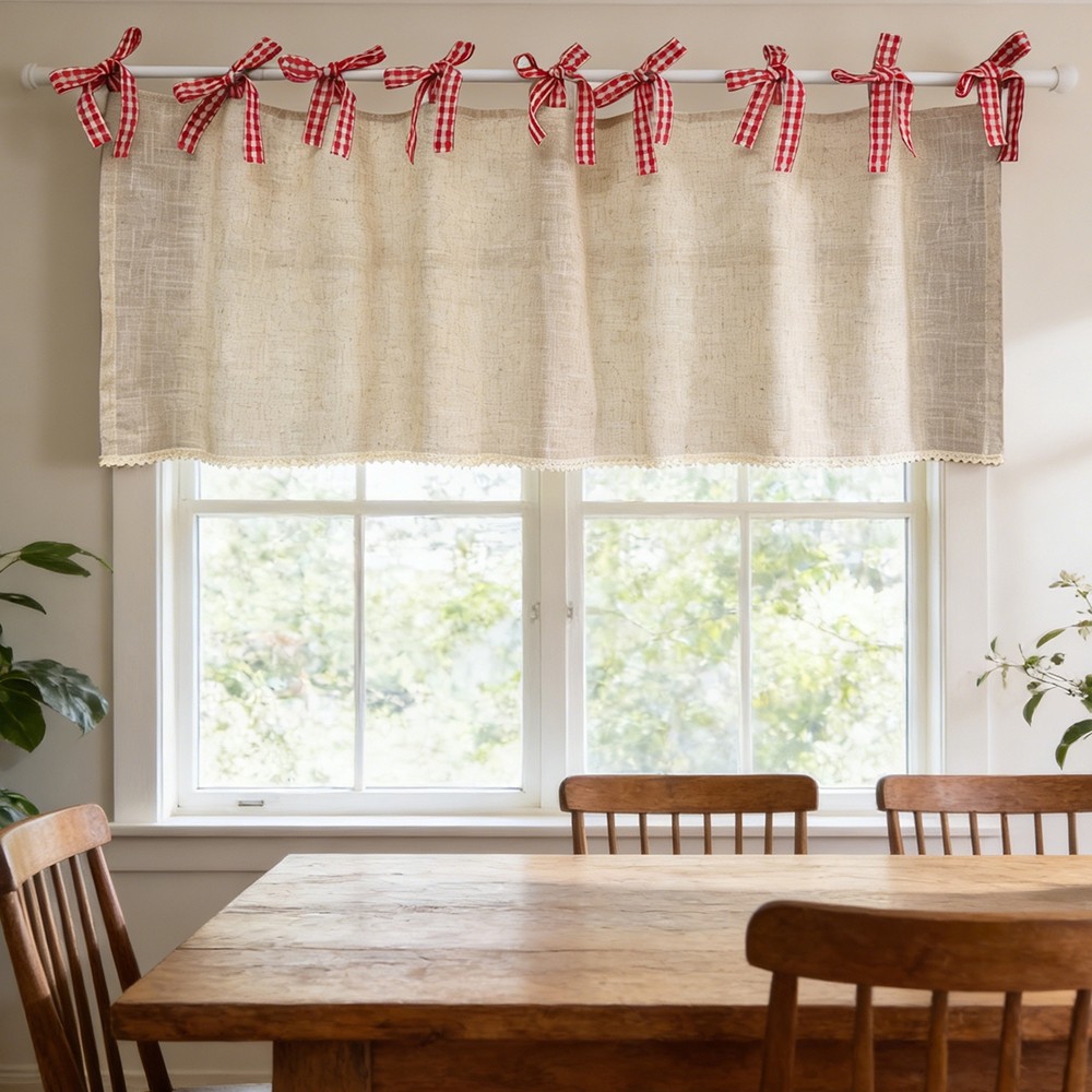 Boho Beige Neutral Semi Sheer ผ้าม่านสั้น Valance กับตาข่ายสีแดง Tie Top Design สําหรับ Cafe หน้าต่างขนาดเล็ก Farmhouse Bohemian ชั้นครึ่งผ้าม่านสําหรับตู้ระเบียง