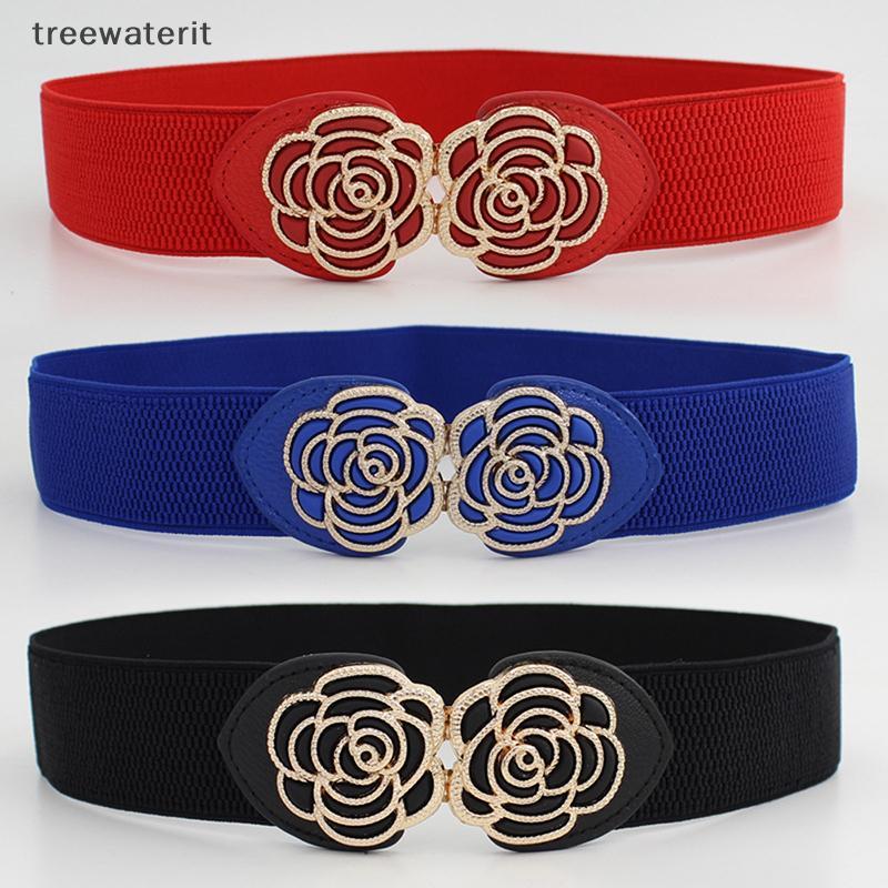 เข็มขัดเอวยางยืดสีน้ำเงินแบบเรโทร มีลวดลายดอกไม้ ใช้ได้กับชุด party และการแต่งตัวทั่วไป