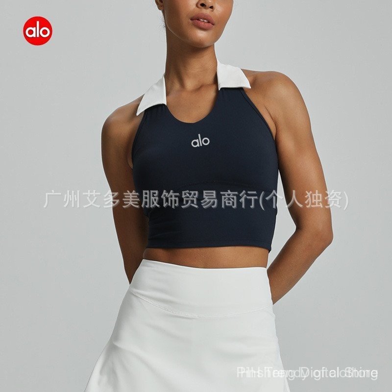 alo European and American Fashion Color Block polo Collared Sports Top for Women, Shockproof, Gather
