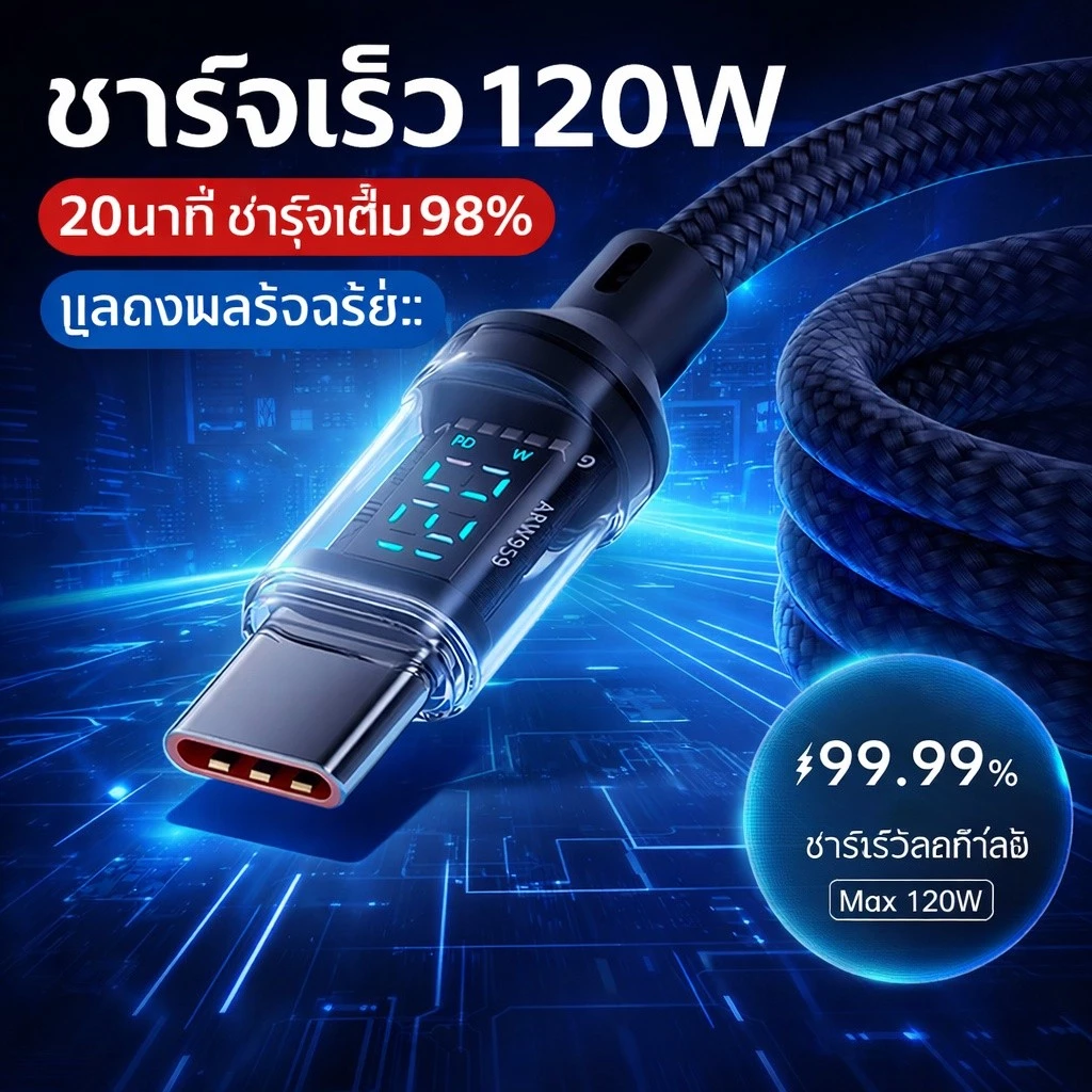 120W สายชาร์จ USB-C to Type C ชาร์จเร็วพิเศษ 6A จอดิจิตอล สายถักทน รองรับ PD ใช้ได้หลายอุปกรณ์ ยาว 1M/2M