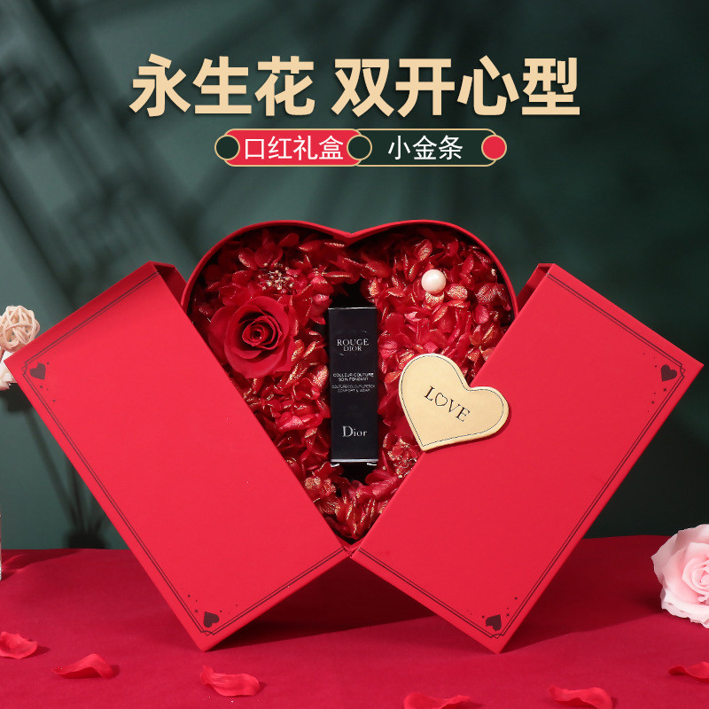 xinpin Valentine's Day Preserved Flower Real Rose Flower Box Lipstick Gift Box Preserved Flower Lips